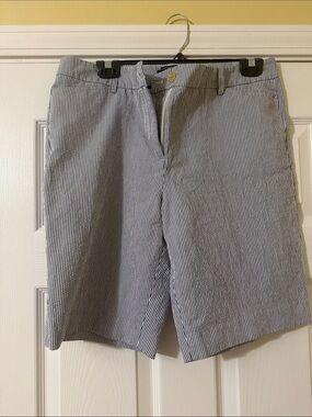 Talbots Women's Navy and White Seersucker Flat-Front Shorts